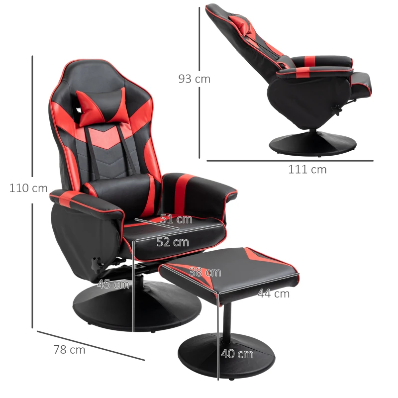 HOMCOM Fauteuil Gaming inclinable pivotant avec Repose-Pied - Coussins lombaires, tétière Inclus - revêtement synthétique Rouge Noir