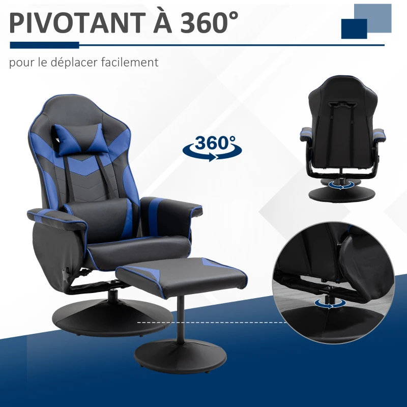 HOMCOM Fauteuil Gaming inclinable pivotant avec Repose-Pied - Coussins lombaires, tétière Inclus - revêtement synthétique Bleu Noir
