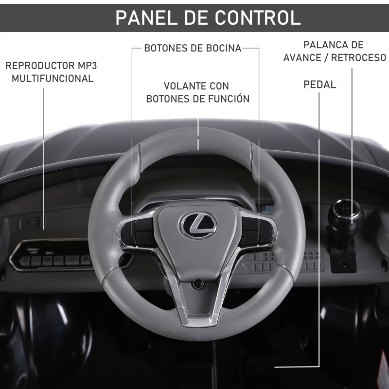 HOMCOM Coche Eléctrico para Niños +3 Años Automóvil LEXUS LC500 Control Remoto y Manual con Música Bocina y Faros Soporta Máx.30 kg 106x63x44 cm Negro