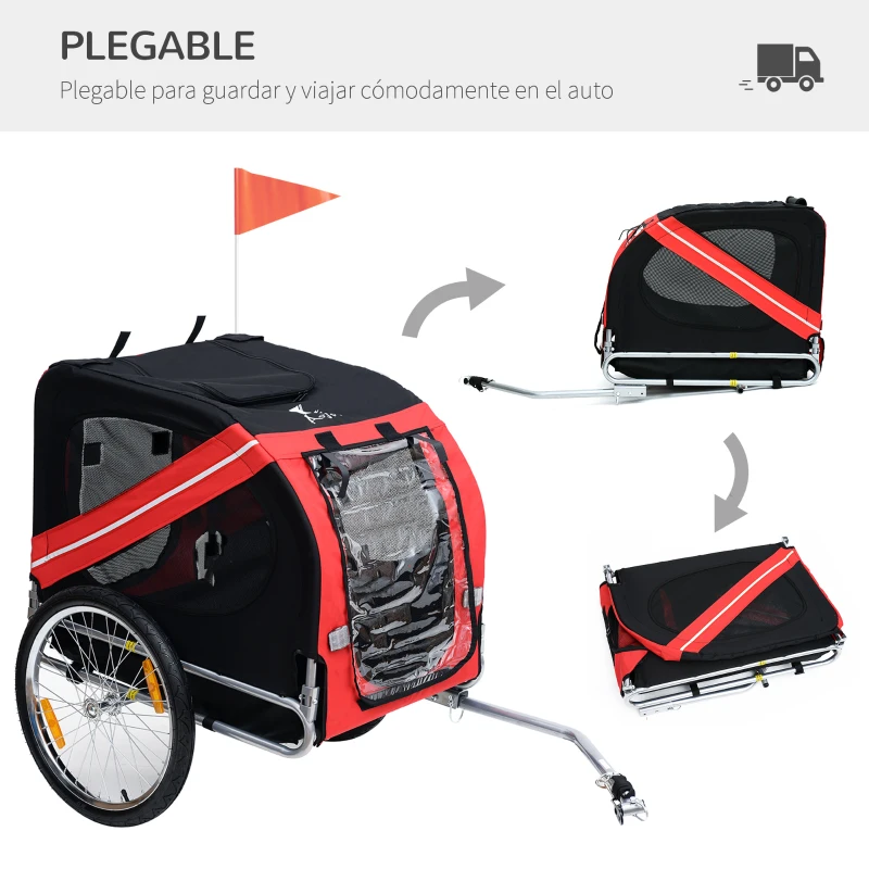PawHut Remolque plegable para bicicleta de mascotas 8 reflectores bandera barra de remolque incluida acero poliéster impermeable máx. 30 Kg 130x73x90 cm rojo