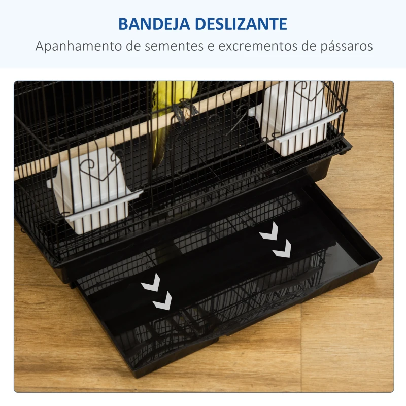 PawHut Gaiola para Passáros Gaiola de Metal com Múltiplas Portas 4 Comedouros 3 Poleiros Baloiço Escadas e Bandeja Removível para Periquitos Canários 46x36x100cm Preto