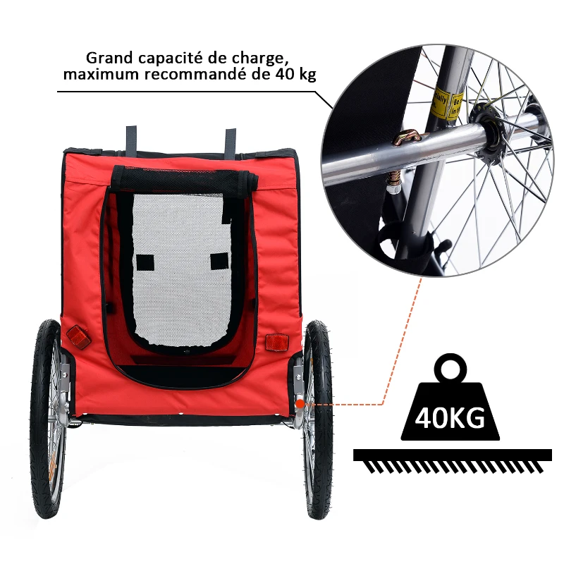PawHut Remolque plegable para bicicleta de mascotas 8 reflectores bandera barra de remolque incluida acero poliéster impermeable máx. 30 Kg 130x73x90 cm rojo
