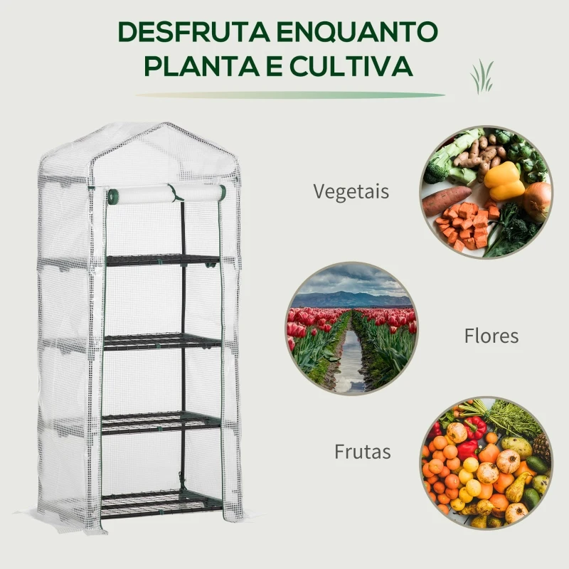 Outsunny Estufa de Jardim com 4 Prateleiras e Cobertura de PE Estufa de Aço para Cultivo de Plantas Flores 70x50x160cm Branco