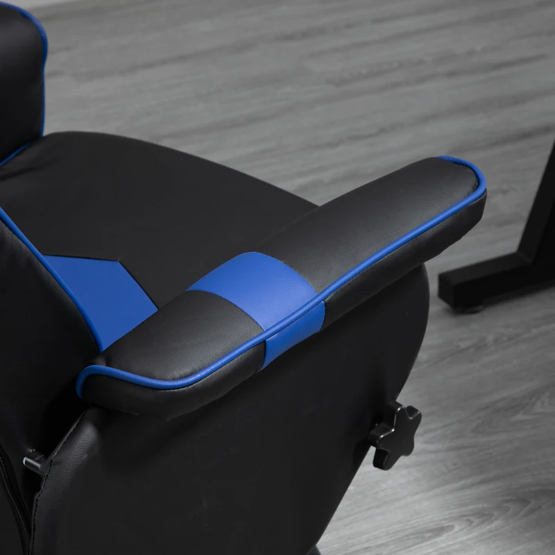 HOMCOM Fauteuil Gaming inclinable pivotant avec Repose-Pied - Coussins lombaires, tétière Inclus - revêtement synthétique Bleu Noir