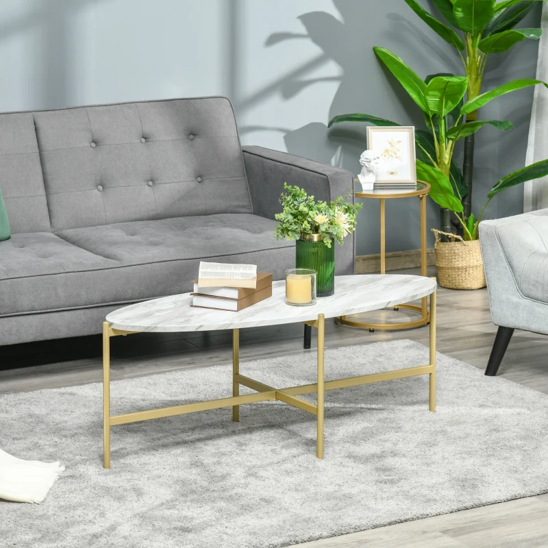 HOMCOM Table Basse Ovale Design Style Art déco dim. 121L x 51l x 45H cm Structure métal doré Plateau Aspect marbre Blanc