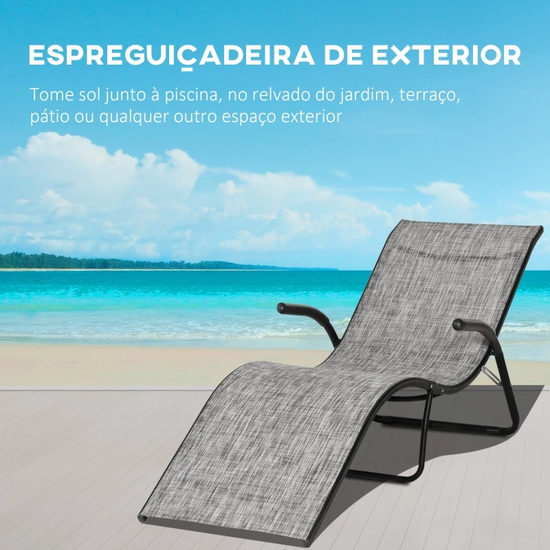 Outsunny Espreguiçadeira de Jardim com Apoio para os Braços Apoio para os Pés Encosto Respirável e Estrutura de Metal Ergonómico para Terraço Praia Acampamento 170x62x68cm Cinza