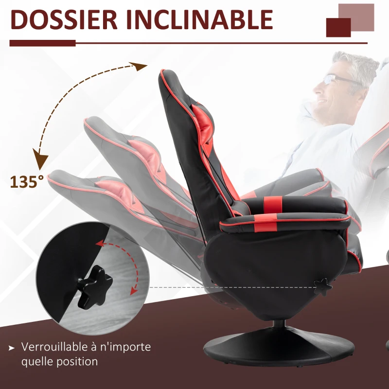HOMCOM Fauteuil Gaming inclinable pivotant avec Repose-Pied - Coussins lombaires, tétière Inclus - revêtement synthétique Rouge Noir