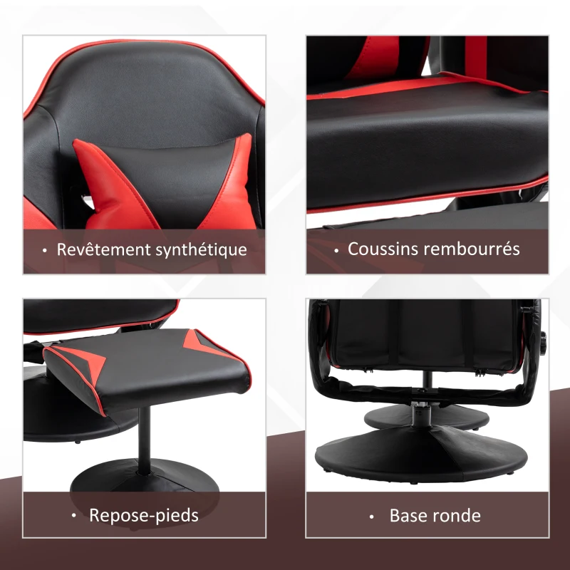 HOMCOM Fauteuil Gaming inclinable pivotant avec Repose-Pied - Coussins lombaires, tétière Inclus - revêtement synthétique Rouge Noir