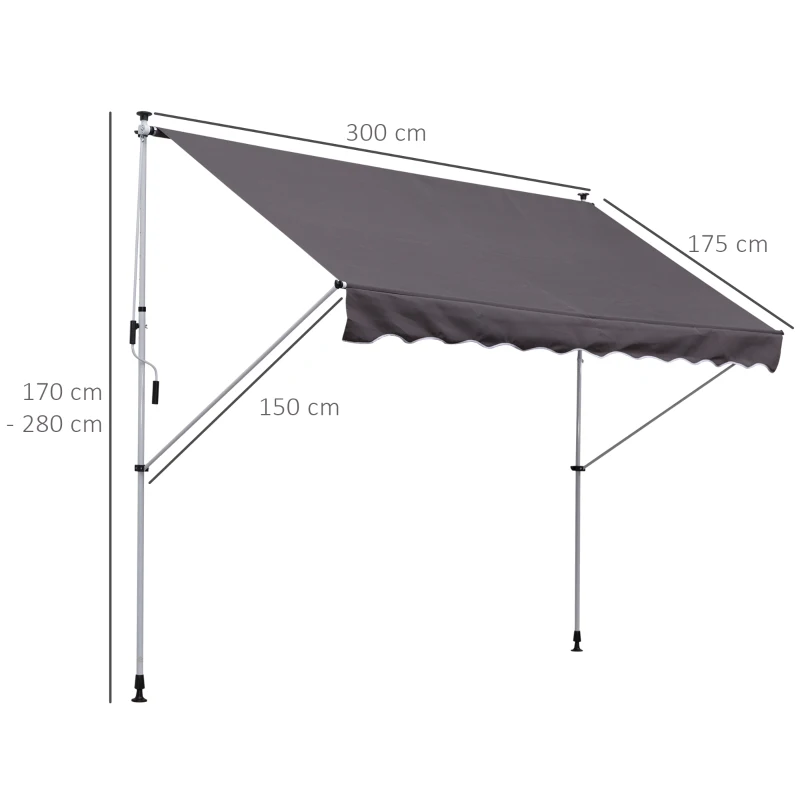 Outsunny Balcony 3 x 1.5m Manual Adjustable Awning DIY Patio Clamp Awning Canopy Grey