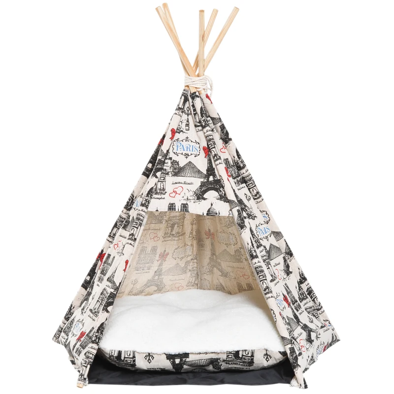 PawHut Portable Canvas Pet Teepee Tent Foldable Cat Bed Dog Puppy House Small Animal Play Kennels Removable Washable Cushion