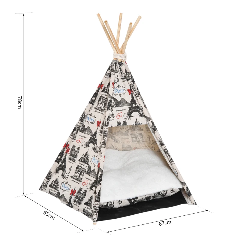 PawHut Portable Canvas Pet Teepee Tent Foldable Cat Bed Dog Puppy House Small Animal Play Kennels Removable Washable Cushion