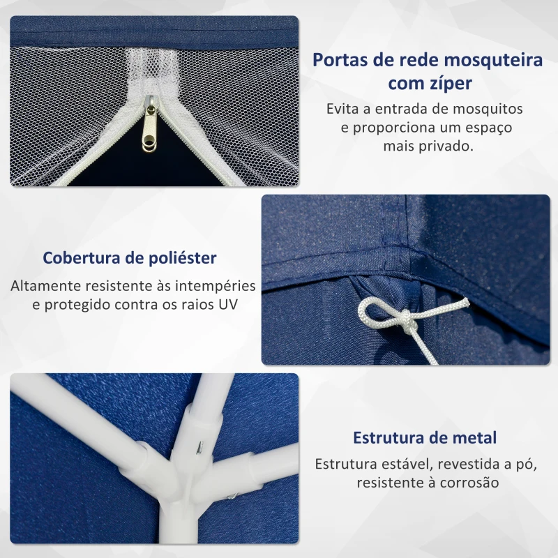 Outsunny Tenda de Jardim 3x3m Tenda com 4 Partes Laterais Rede Mosquiteira com Zíper Proteção UV para Patio Azul
