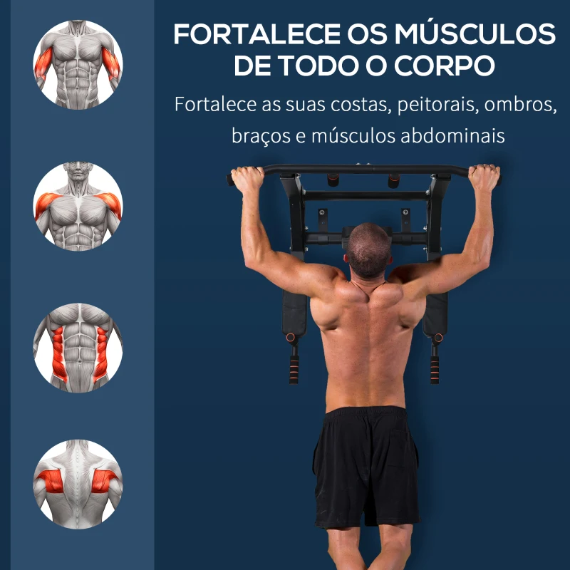 HOMCOM Barra de Elevações de Parede Barra de Pull Up de Aço Multifuncional para Treinos Fitness Treino em Casa Carga Máx.120kg  93x72x48cm Preto