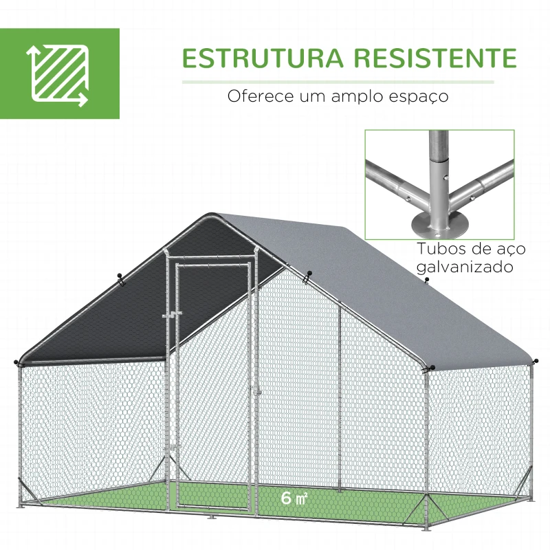 PawHut Galinheiro de Exterior Grande 3x2x2m Gaiola para 4-6 Galinhas de Aço Galvanizado com Teto de PE e Fechadura para Coelhos Prata