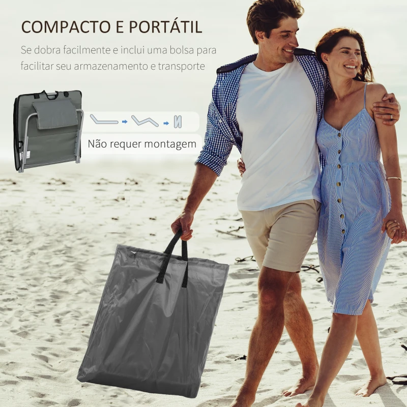 Outsunny Conjunto de 2 Esteiras de Praia Dobráveis 124x53x50cm com Encosto Ajustável e Apoio para a Cabeça Esteira de Praia Tecido Oxford Aço com Bolsa de Transporte Cinza