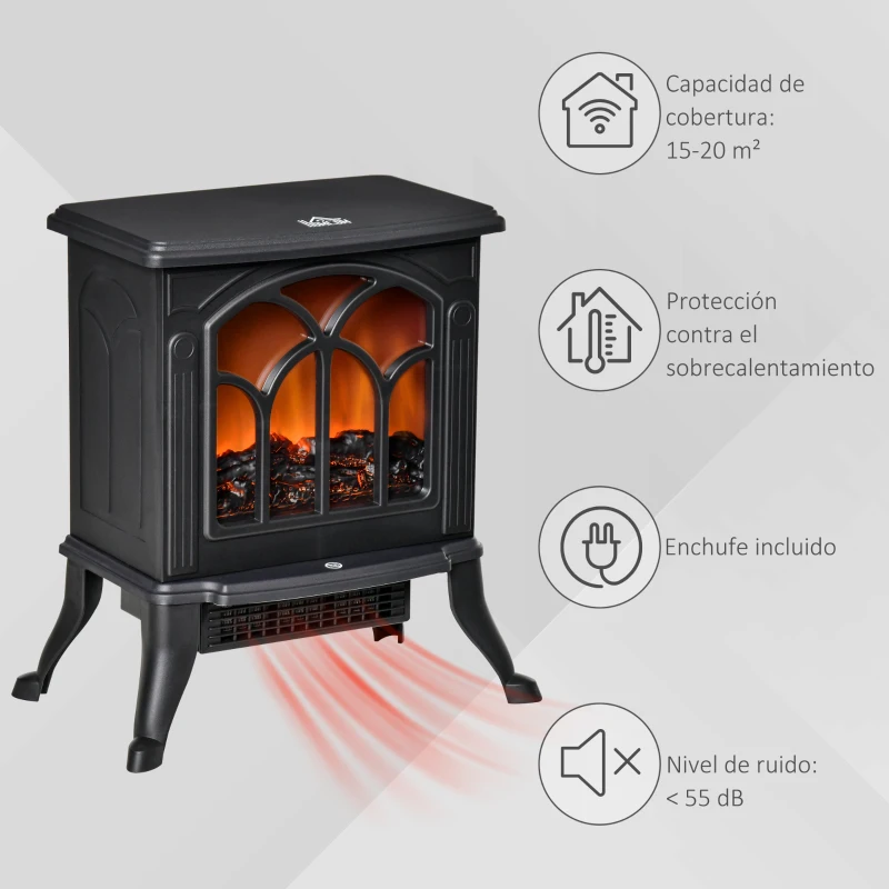 HOMCOM Chimenea Eléctrica de Pie 750/1500 W con 2 Niveles de Potencia Efecto Llama Área de Cobertura 15-20 m² Negro
