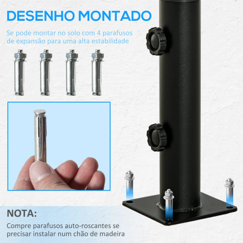 Outsunny Suporte Chapéu de Sol para Chão de Cimento com 2 Botões de Bloqueio e 4 Parafusos Base de Chapéu de Sol para Mastros de 34/38/48mm 12x12x30cm Preto
