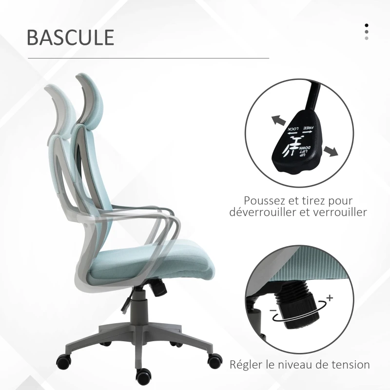 Chaise  Vinsetto Ergonomique Chaise de Bureau Inclinable Hauteur Réglable 64x55x116-126 cm Bleu
