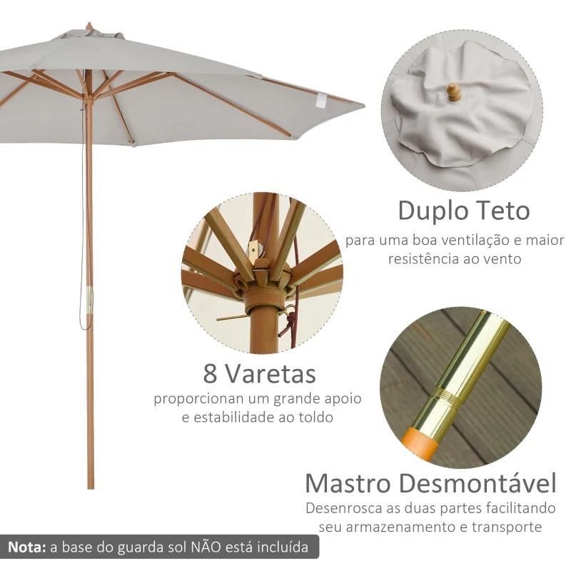 Outsunny Chapéu de Sol de Jardim Ø300x250cm com Sistema de Polia Teto Ventilado e Mastro Desmontável de Madeira para Terraço Pátio Exterior Cinza Claro