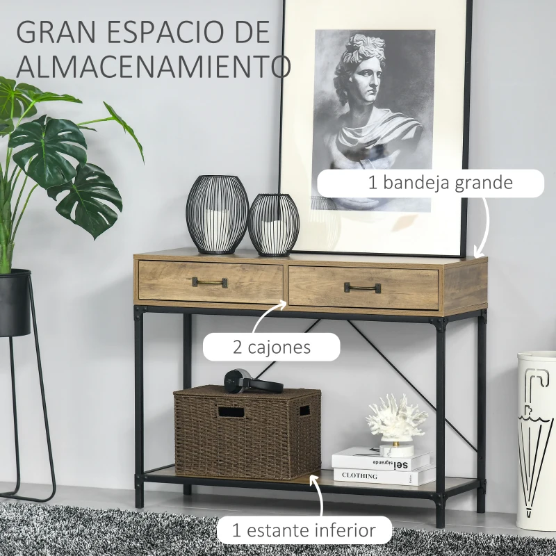 HOMCOM Mesa de recibidor con 2 cajones y un estante estilo vintage elegante estructura metálica y tablero de partículas sólido 100x35x76,5 cm marrón