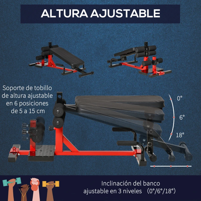 HOMCOM Máquina de sentadillas 3 en 1 Equipo para ejercicios abdominales y de espalda Bombas de sentadilla Banco reclinable ajustable en altura en 6 posiciones Acero 100 x 58 x 46 cm Rojo y negro