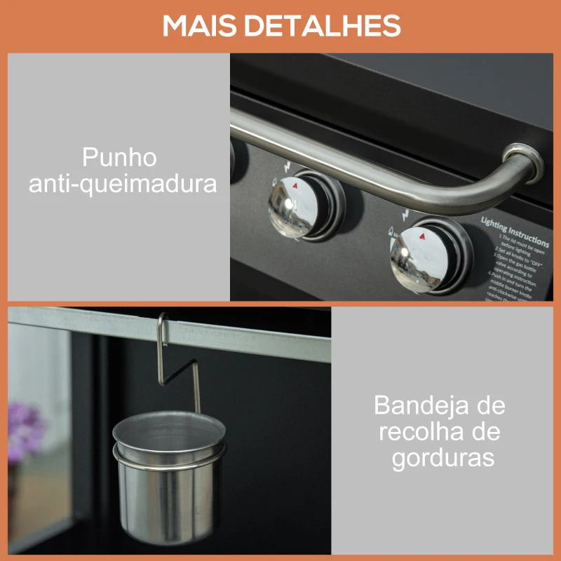 Outsunny Barbecue a Gás com 3 Queimadores Termómetro 2 Prateleiras Laterais Armário 4 Rodas e Travão 121x55x109 cm Preto