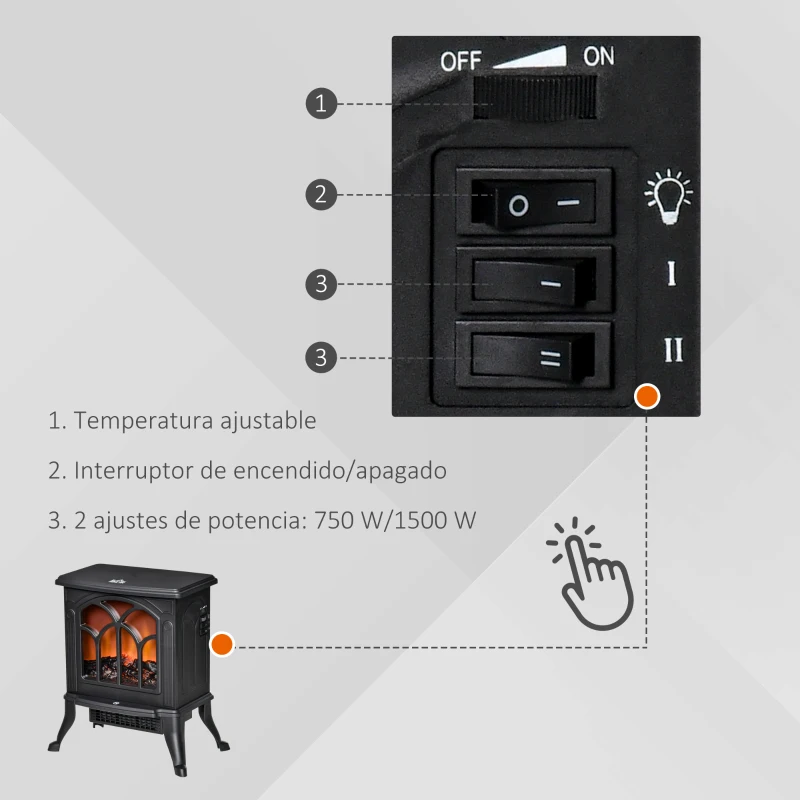 HOMCOM Chimenea Eléctrica de Pie 750/1500 W con 2 Niveles de Potencia Efecto Llama Área de Cobertura 15-20 m² Negro