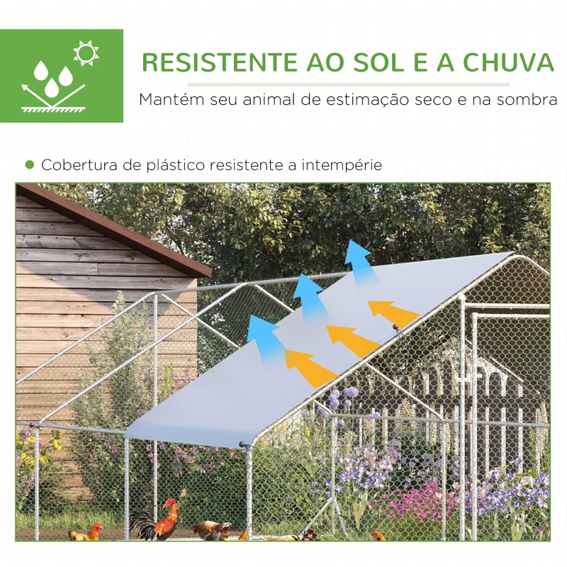 PawHut Galinheiro de Exterior Grande 3x6x2m Gaiola para 12-18 Galinhas de Aço Galvanizado com Teto de PE e Fechadura para Coelhos Prata