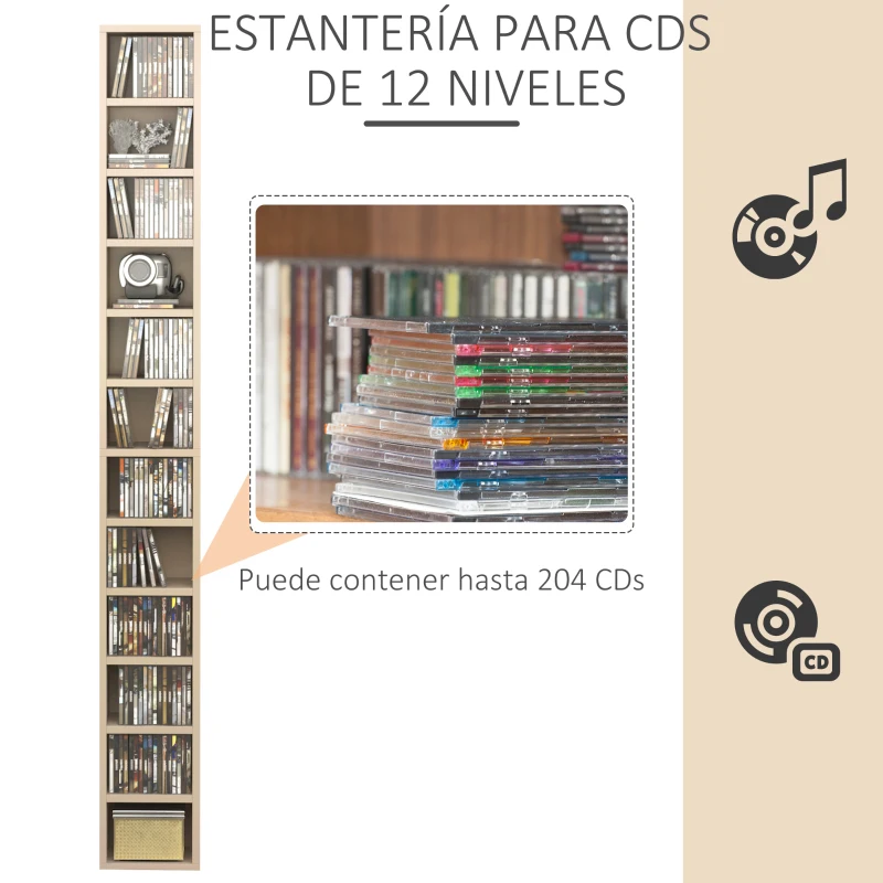 Armario para CDs HOMCOM estante de columna 12 compartimentos 21L x 20L x 175H cm capacidad máxima 204 CDs color nogal oscuro