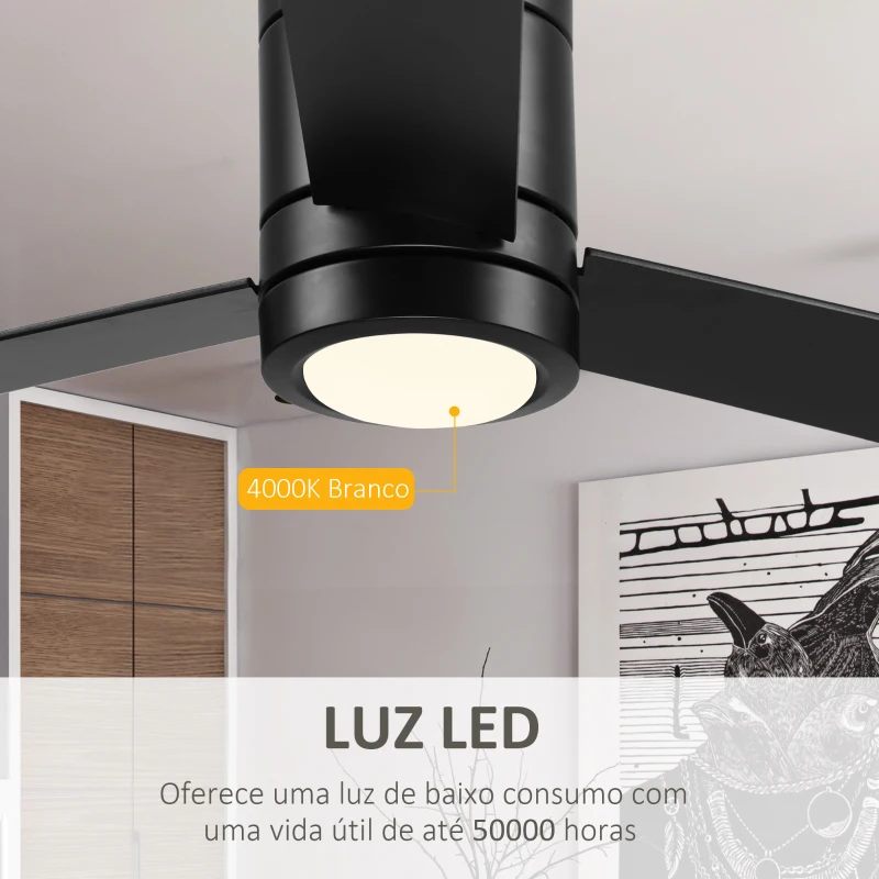 HOMCOM Ventoinha de Teto 48W com Luz LED Controle Remoto 3 Velocidades Temporizador 3 Lâminas de Madeira para Dormitório Sala de Estar Sala de Jantar Ø112x25cm Preto