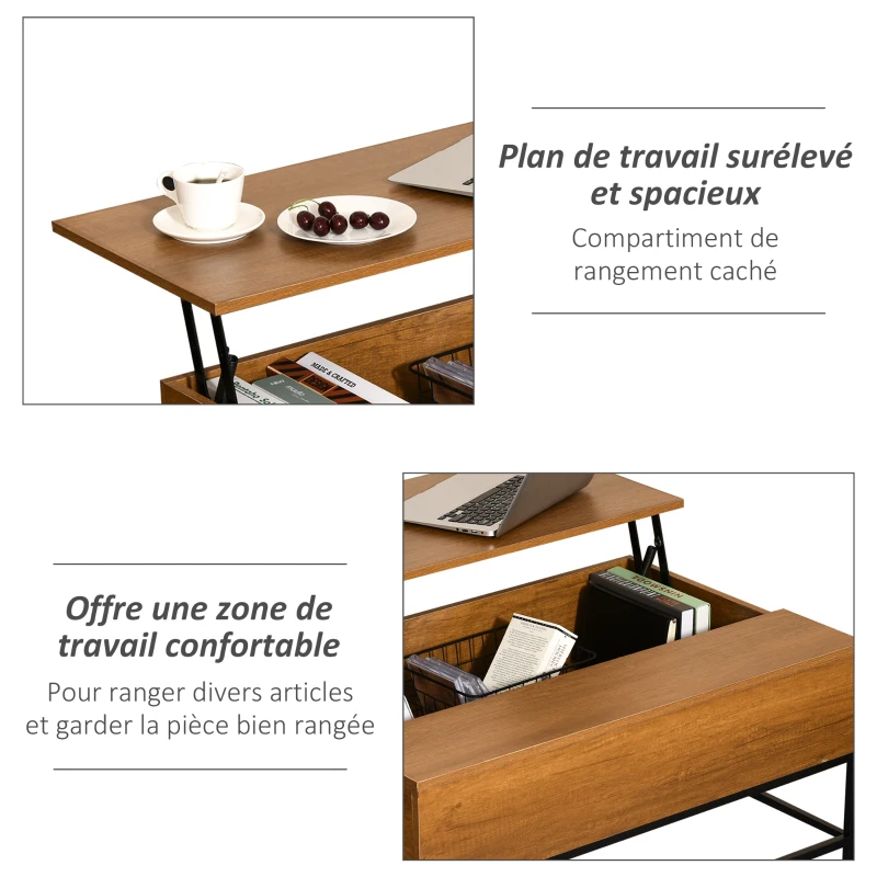 HOMCOM Table basse surélevée Table basse polyvalente avec rangement dissimulé Pieds en métal 90x60,5x45,5 cm