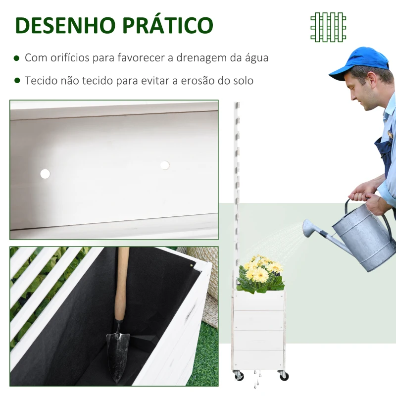 Outsunny Floreira com Treliça de Madeira Maciça com 4 Rodas Caixa de Plantio com Suporte para Plantas Trepadeiras e Malha Geotêxtil para Cultivos de Plantas Flores 76x30x155cm Branco