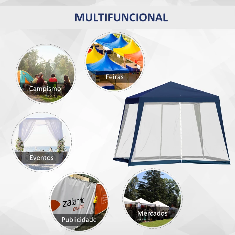 Outsunny Tenda de Jardim 3x3m Tenda com 4 Partes Laterais Rede Mosquiteira com Zíper Proteção UV para Patio Azul