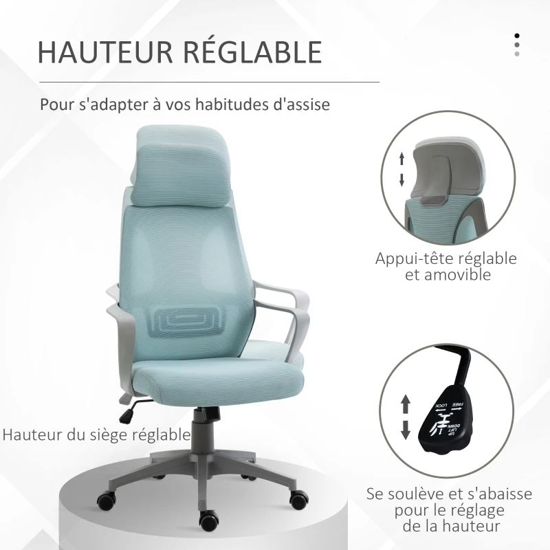 Chaise  Vinsetto Ergonomique Chaise de Bureau Inclinable Hauteur Réglable 64x55x116-126 cm Bleu