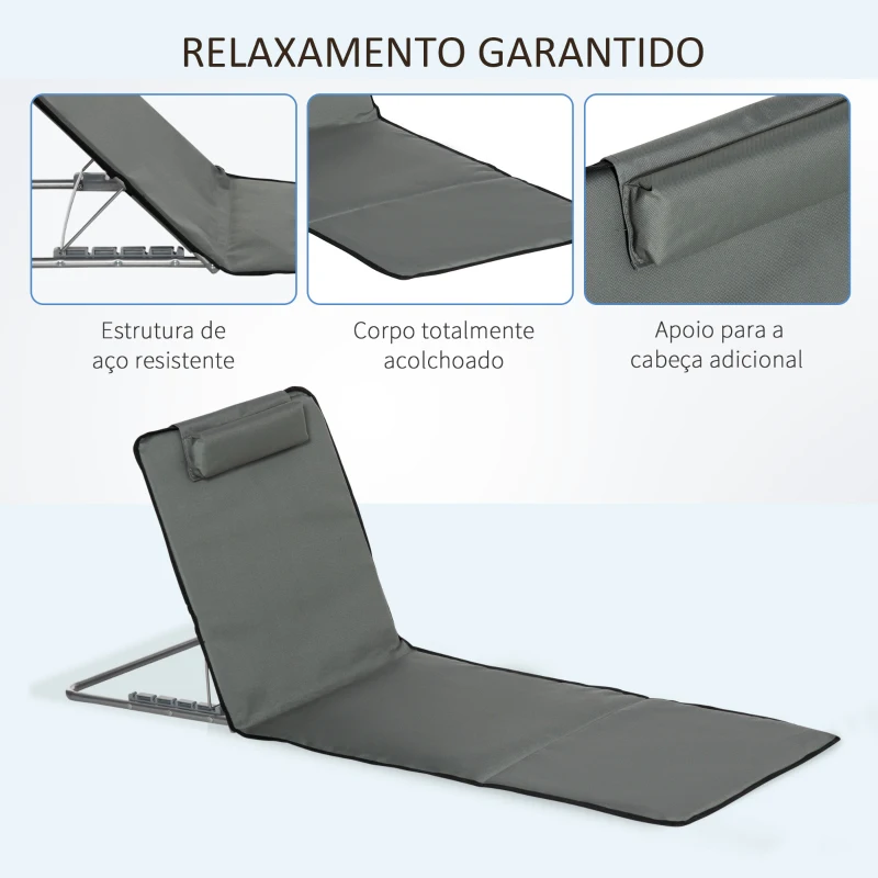 Outsunny Conjunto de 2 Esteiras de Praia Dobráveis 124x53x50cm com Encosto Ajustável e Apoio para a Cabeça Esteira de Praia Tecido Oxford Aço com Bolsa de Transporte Cinza