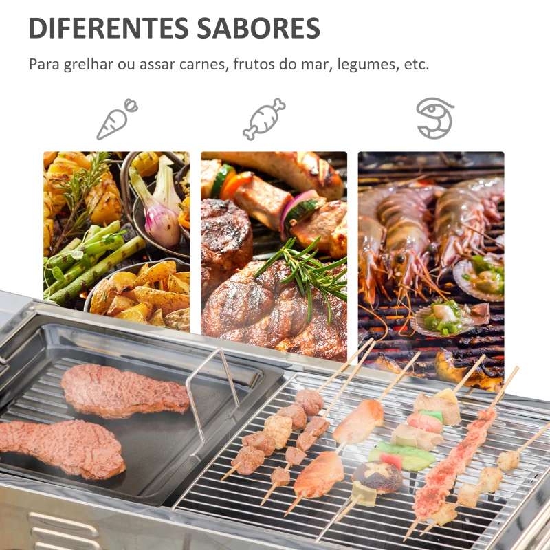 Outsunny Barbecue a Carvão de Aço Inoxidável Portátil com Altura Ajustável 2 Prateleiras 120x31x60-70cm Prata