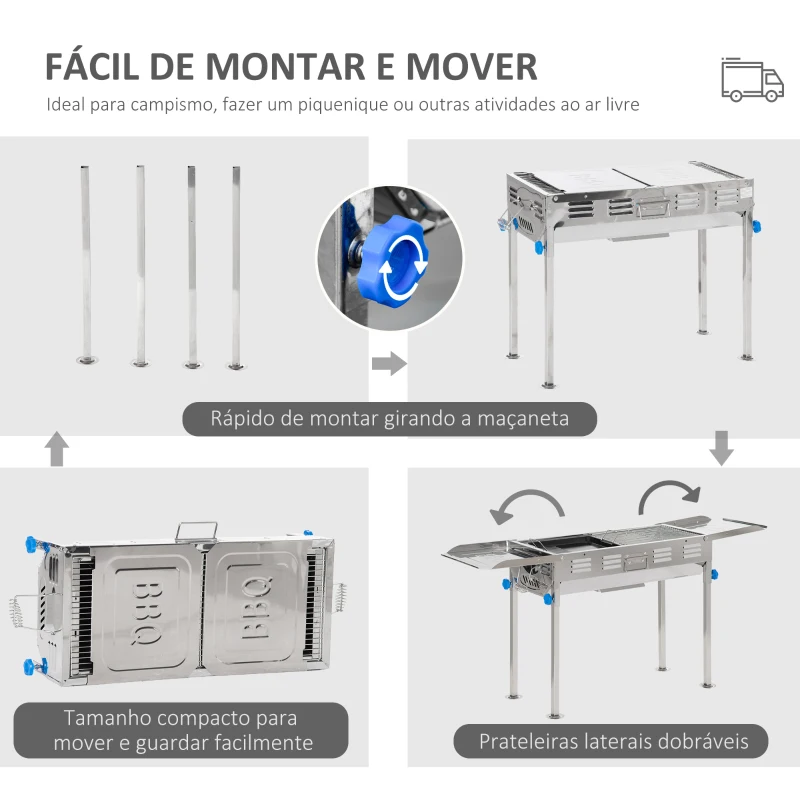 Outsunny Barbecue a Carvão de Aço Inoxidável Portátil com Altura Ajustável 2 Prateleiras 120x31x60-70cm Prata
