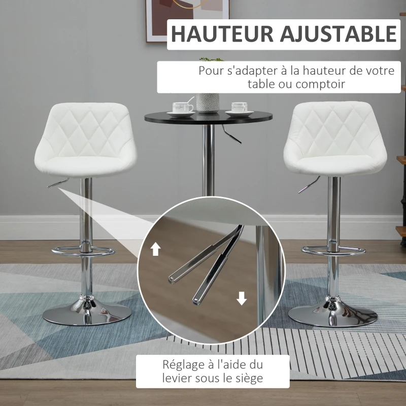 HOMCOM Jeu de 2 tabourets de bar pivotants à hauteur réglable 51,5x48x83-104 cm blanc