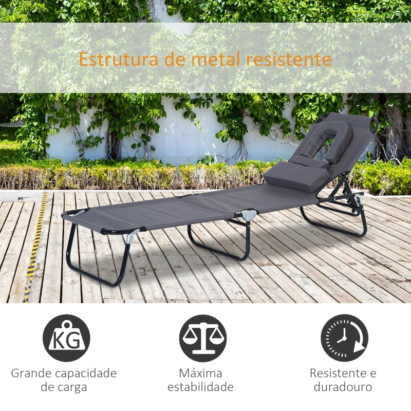 Outsunny Espreguiçadeira Dobrável com Encosto Ajustável em 4 Posições Espreguiçadeira de Jardim com Almofada Estrutura de Aço Tecido Oxford para Acampamento Praia Terraço 190x56x28cm Cinza