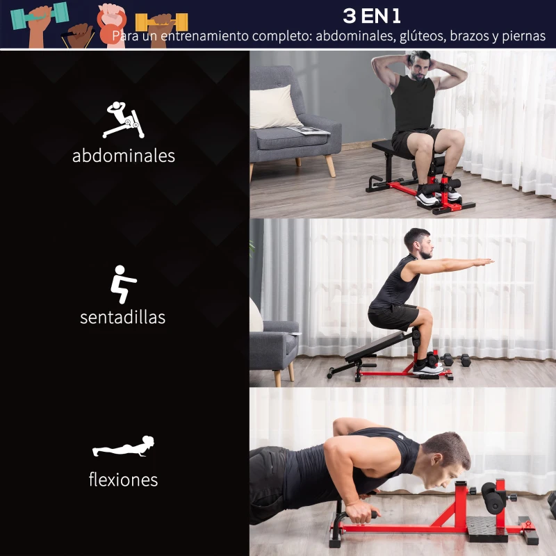 HOMCOM Máquina de sentadillas 3 en 1 Equipo para ejercicios abdominales y de espalda Bombas de sentadilla Banco reclinable ajustable en altura en 6 posiciones Acero 100 x 58 x 46 cm Rojo y negro