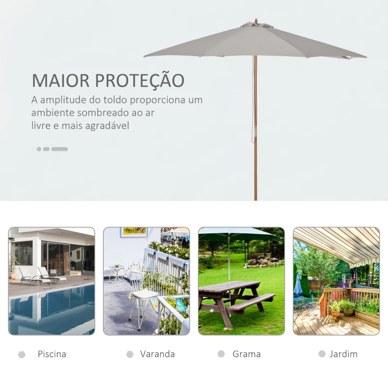 Outsunny Chapéu de Sol de Jardim Ø300x250cm com Sistema de Polia Teto Ventilado e Mastro Desmontável de Madeira para Terraço Pátio Exterior Cinza Claro