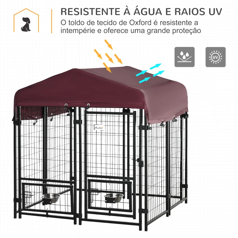 PawHut Parque para Animais de Estimação com Toldo de Tecido Oxford Gaiola para Cães 8 Painéis com 2 Comedouros Giratórios Porta com Fechadura para Jardim Exterior 120x120x138cm Preto