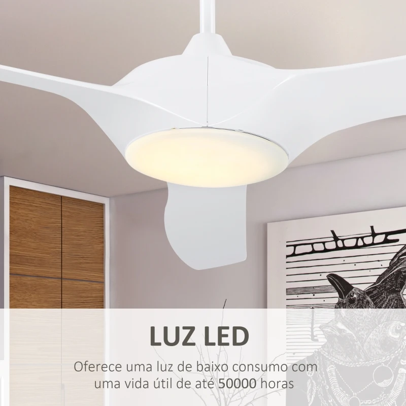HOMCOM Ventoinha de Teto Diâmetro 132cm com Luz LED Controle Remoto 3 Lâminas Reversíveis 6 Velocidades e Temporizador Silencioso para Dormitório Sala de Estar Sala de Jantar Branco