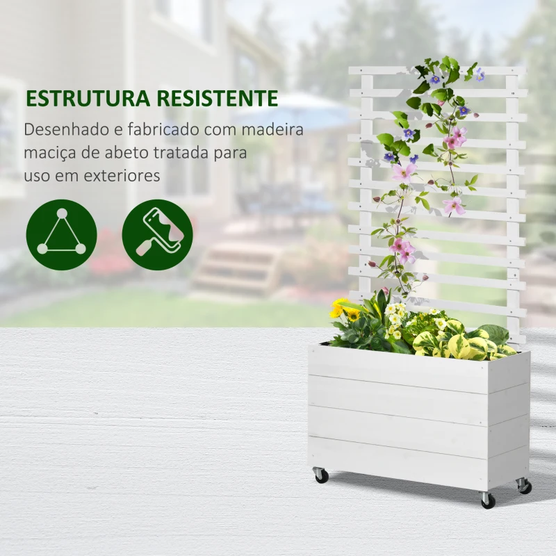 Outsunny Floreira com Treliça de Madeira Maciça com 4 Rodas Caixa de Plantio com Suporte para Plantas Trepadeiras e Malha Geotêxtil para Cultivos de Plantas Flores 76x30x155cm Branco