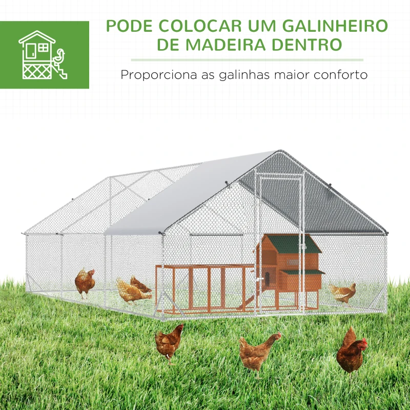 PawHut Galinheiro de Exterior Grande 3x6x2m Gaiola para 12-18 Galinhas de Aço Galvanizado com Teto de PE e Fechadura para Coelhos Prata