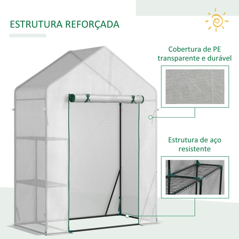 Outsunny Estufa de Jardim 143x73x195cm Estufa de Aço com 2 Prateleiras e Porta Enrolável para Cultivos de Plantas Vasos de Flores Pátio Exterior Branco