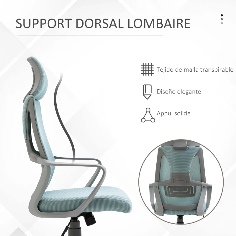 Chaise  Vinsetto Ergonomique Chaise de Bureau Inclinable Hauteur Réglable 64x55x116-126 cm Bleu