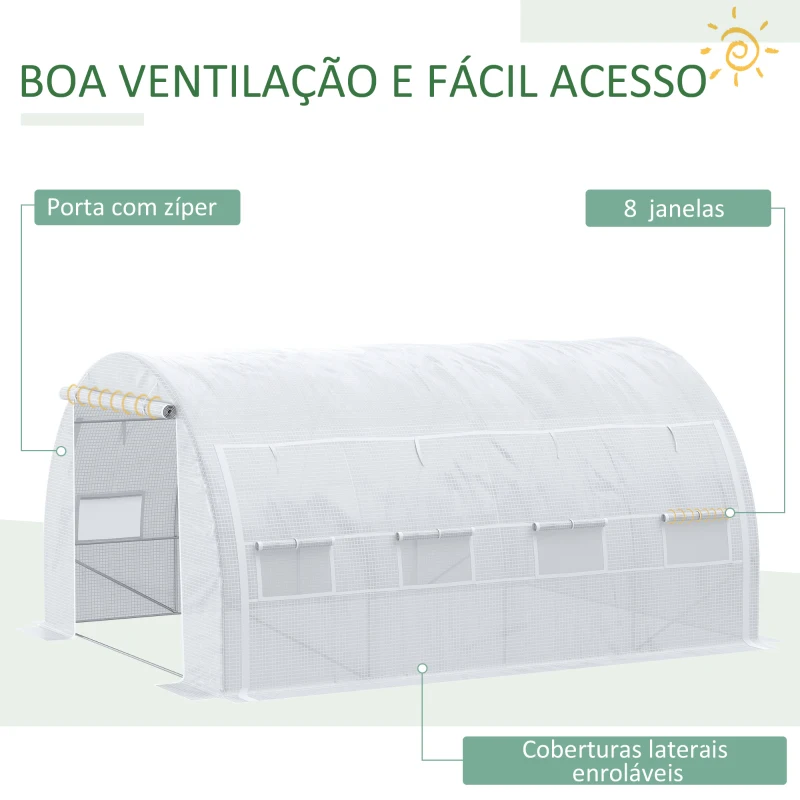 Outsunny Estufa Tipo Túnel de Jardim 4x3x2m com Porta Enrolável 8 Janelas Cobertura de PE 140g/m² e Metal Galvanizado para Cultivos de Plantas Verduras Branco