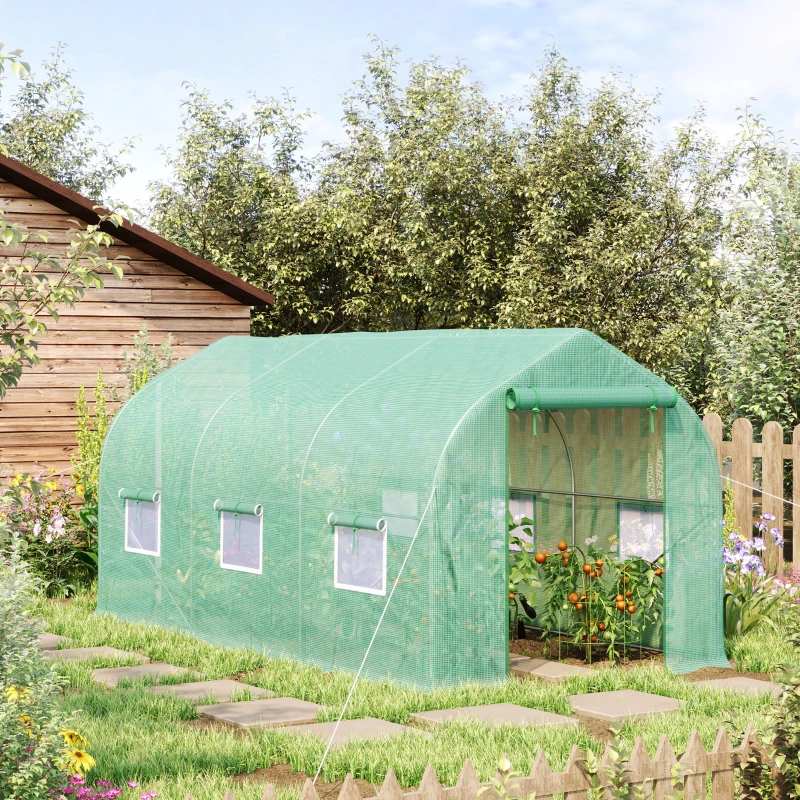 Outsunny Serre de Jardin 400x200x200 cm Type Tunnel avec 6 Fenêtres Vert