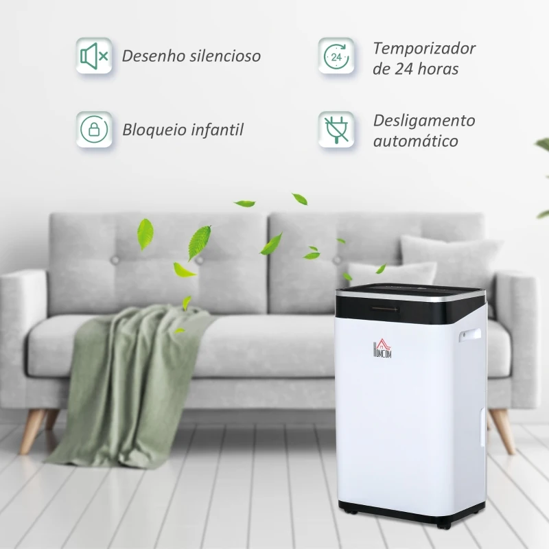 HOMCOM Desumidificador Elétrico 6,5L 20L/Dia com 3 Modos 2 Velocidades Tela LED Luzes Indicadoras Temporizador e Rodas Silencioso para Casa 34x24x57cm Branco